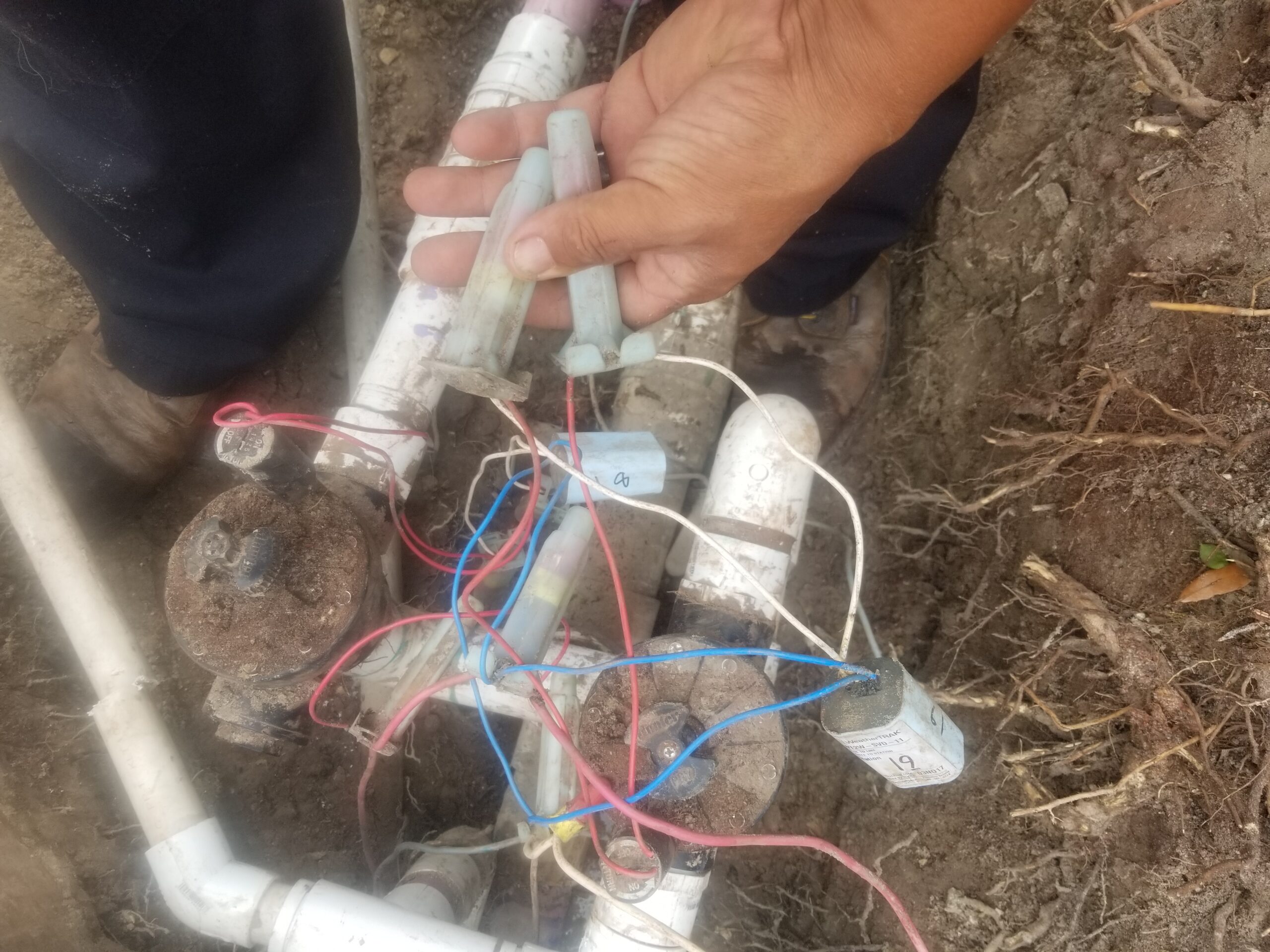 Exposed irrigation wiring and valves during repair work