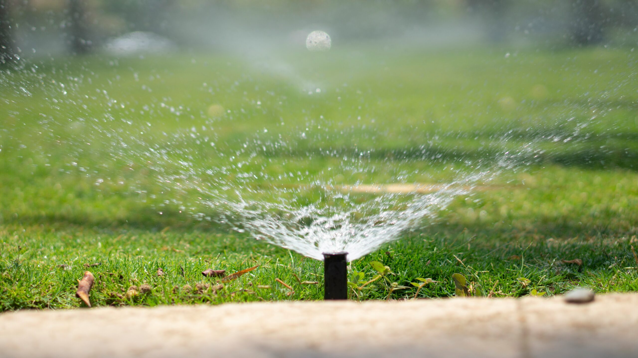 Lawn sprinkler spraying water across a green residential yard